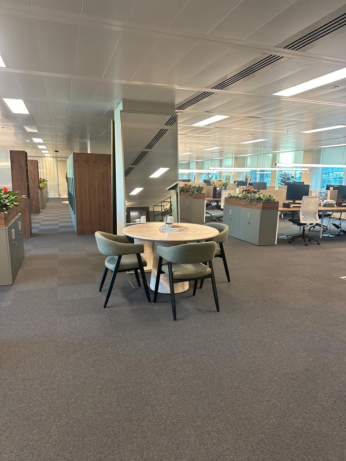 Open-plan office floor with a breakout meeting point