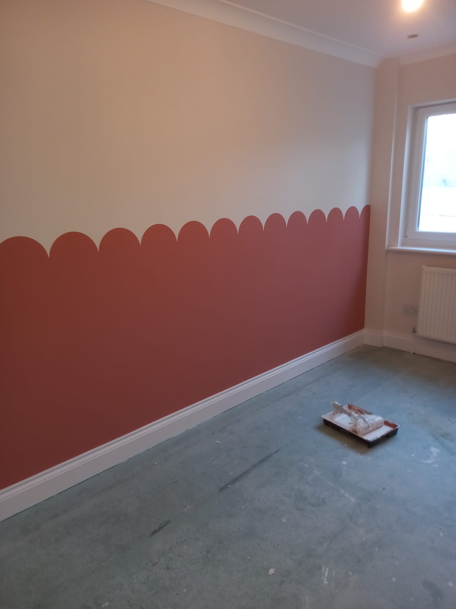 Terracotta scalloped border decorative paint technique in progress